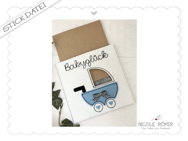 Stickdatei Artikelbild Foto ITH 18x13 Babyglueck Geschenkbox blau Glueckwunschkarte Kinderwagen Geburtsgeschenk