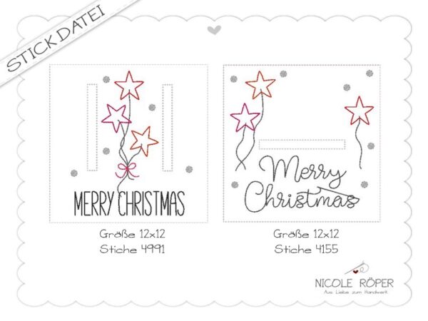 Stickdatei Artikelbild Info 2er Set ITH 18x13 Merry Christmas Sternenballons Geschenkbox Weihnachtskarte
