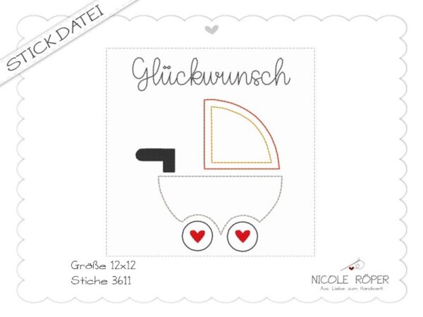 Stickdatei Artikelbild Info ITH 18x13 Glueckwunsch Geburt Glueckwunschkarte Geschenkbox Kinderwagen