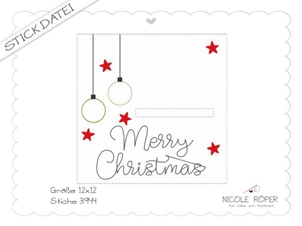 Stickdatei Artikelbild Info ITH 18x13 Merry Christmas Weihnachtskarte Kugeln und Sterne