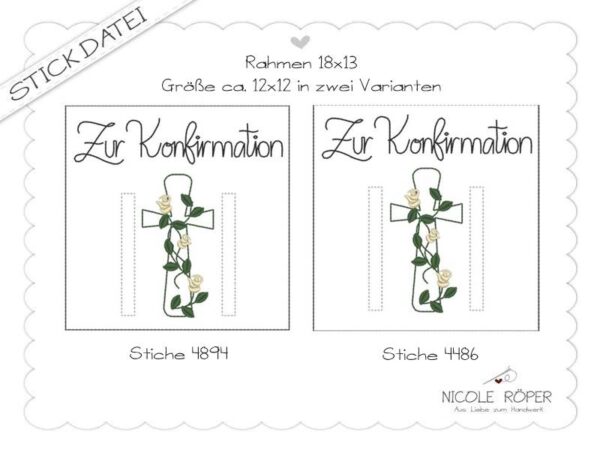 Stickdatei ITH 18x13 Zur Konfirmation Geschenkbox Geldgeschenk Glückwunschkarte Rosen Kreuz