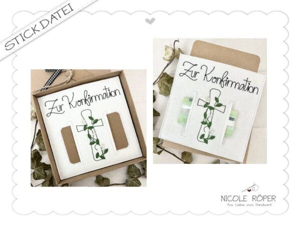 Stickdatei ITH 18x13 Zur Konfirmation Geschenkbox Geldgeschenk Glückwunschkarte Rosen Kreuz