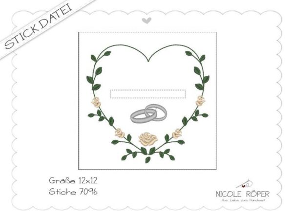 Stickdatei ITH Hochzeit Glueckwunschkarte Hochhzeitskarte mit Rosenherz und Ringen silber Rosen Geldgeschenk