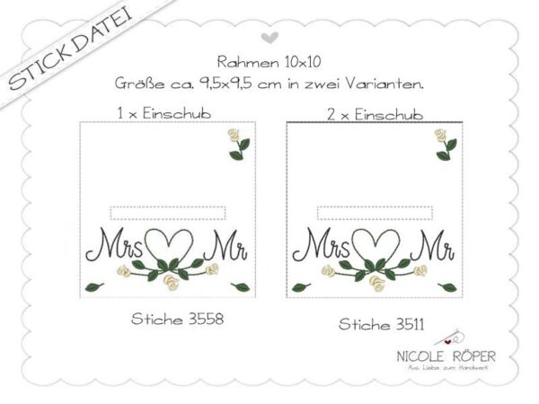 Stickdatei ITH 10x10 Hochzeitskarte Rosenherz Mrs Mr Geldgeschenk Geschenkbox Karte 6