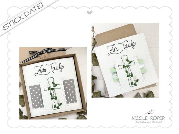 Stickdatei ITH 18x13 Zur Taufe Rosen Kreuz Geschenkbox Glueckwunschkarte Geldgeschenk Gutschein Taufgeschenk