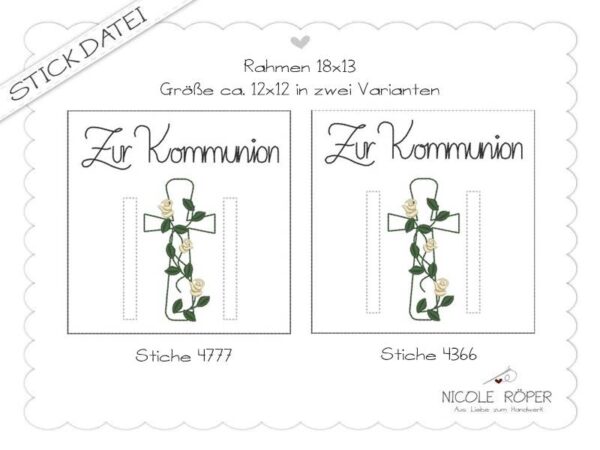 Stickdatei ITH 18x13 Zur Kommunion Geschenkbox Geldgeschenk Glueckwunschkarte Rosen Kreuz