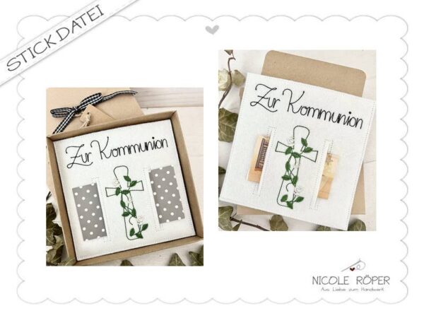 Stickdatei ITH 18x13 Zur Kommunion Geschenkbox Geldgeschenk Glueckwunschkarte Rosen Kreuz