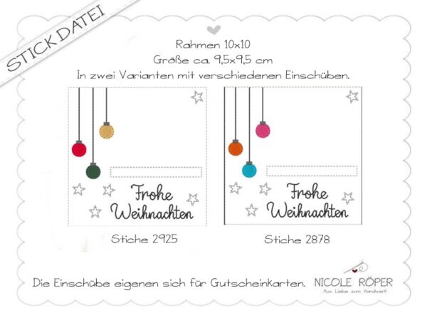 Stickdatei ITH 10x10 Frohe Weihnachten Geschenkbox mit Kugeln und Sternen