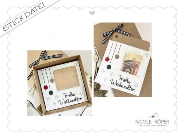 Stickdatei ITH 10x10 Frohe Weihnachten Geschenkbox mit Kugeln und Sternen